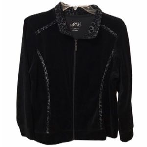 Style & Co. Black Velour Full Zip Jacket Cheetah Trim PXL